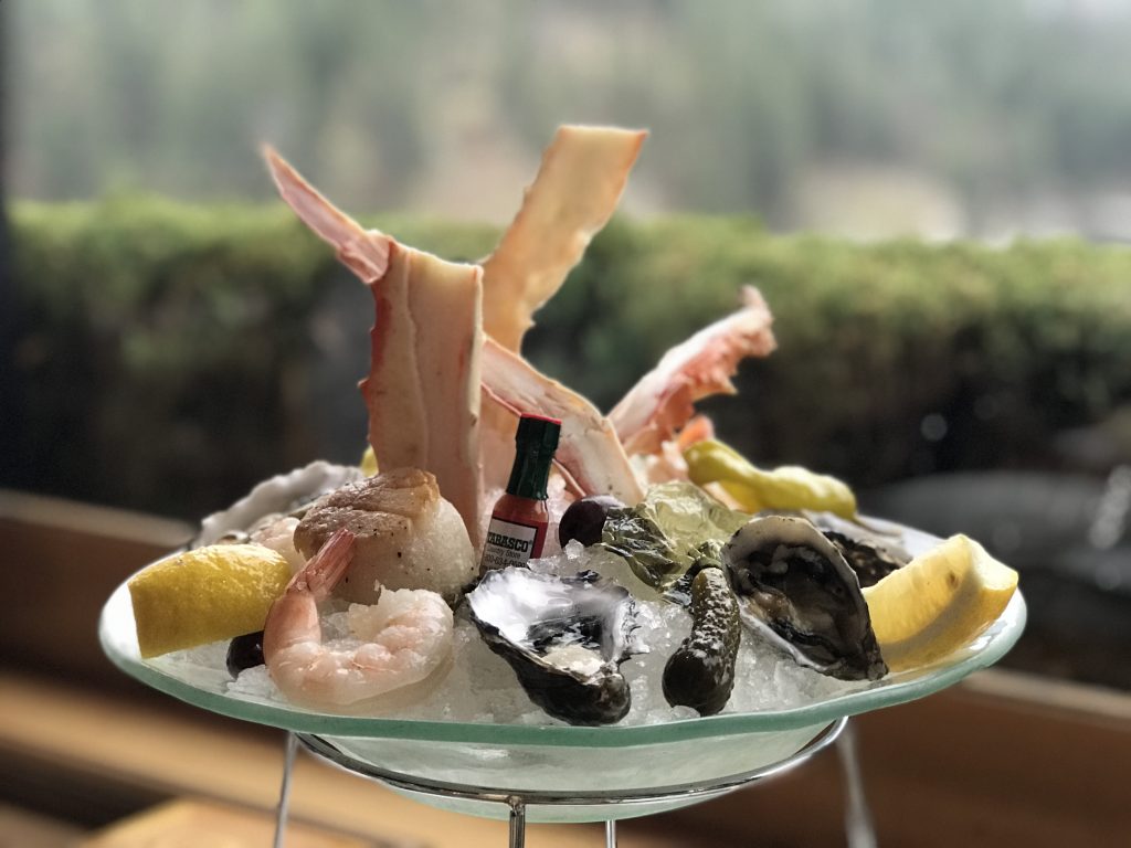 The seafood tower at Beverly's, which features a selection of chilled jumbo prawns, Alaskan king crab, scallops, and pacific oysters. Beverly's is the restaurant associated with Coeur d'Alene Resort.