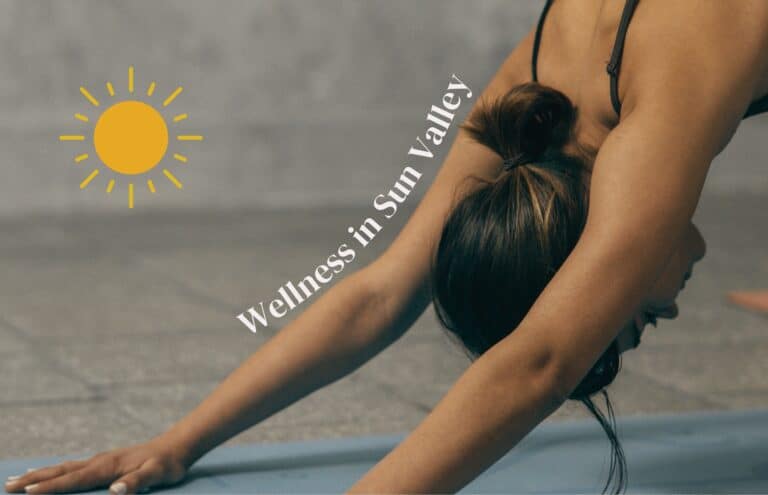 A woman doing yoga with the text Wellness in Sun Valley in white