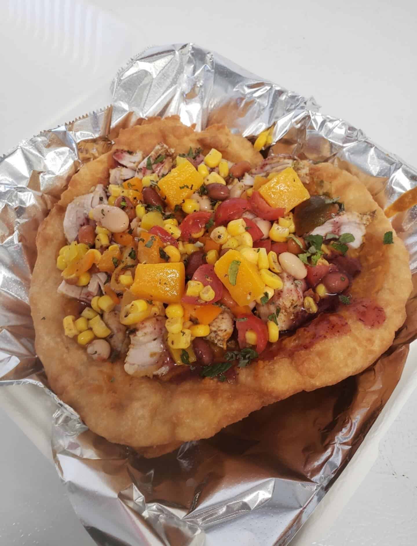 Frybread topped with corn and beans from PowWaw Food Truck