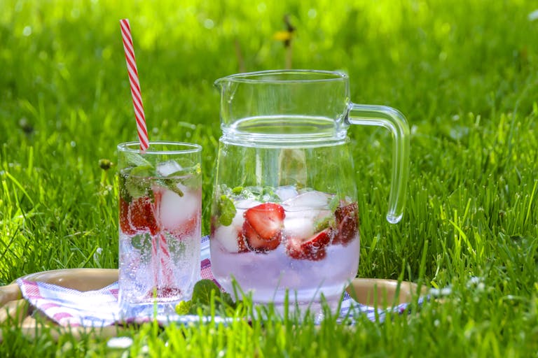 Clear Glass Pitcher With Drinking Cup on Green Grass